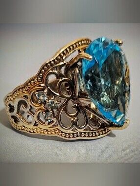Art Deco Sterling Silver HUGE Teardrop Blue Topaz Filigree Statement Ring